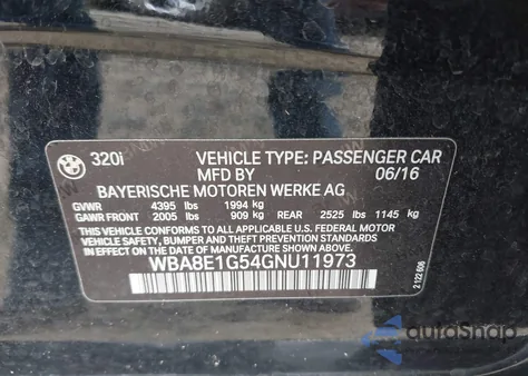 2016 BMW 320I z USA, uszkodzony, nr VIN WBA8E1G54GNU11973